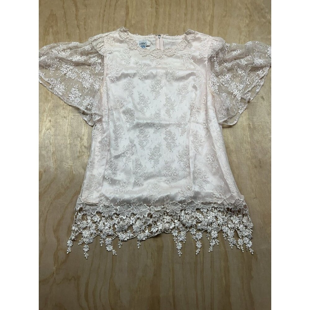 Vintage D’allert Women’s Lace Satin Blouse 80’s Cottage Core Puff Sleeves Fringe